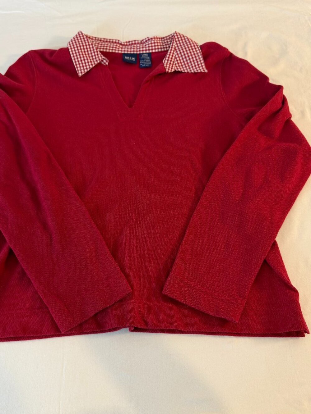 Basic Editions Women's Red Long Sleeve Polo Top Gingham Collar Size Large L
